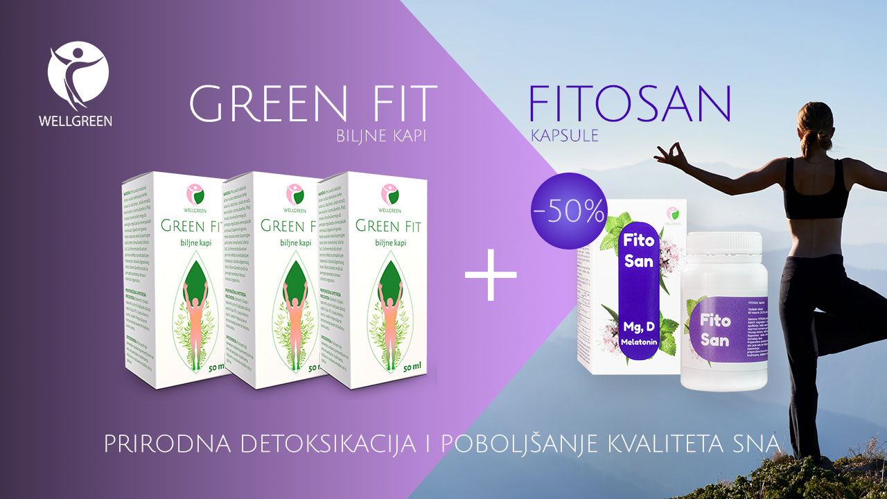 Green Fit 2+1 gratis biljne kapi i FITOSAN kapsule na sniženju 50 posto - Komplet za detox i zdrav san - u pozadini se vidi žen akoja radi jogu, stoji na jednoj nozi raširenih ruku i gleda planine